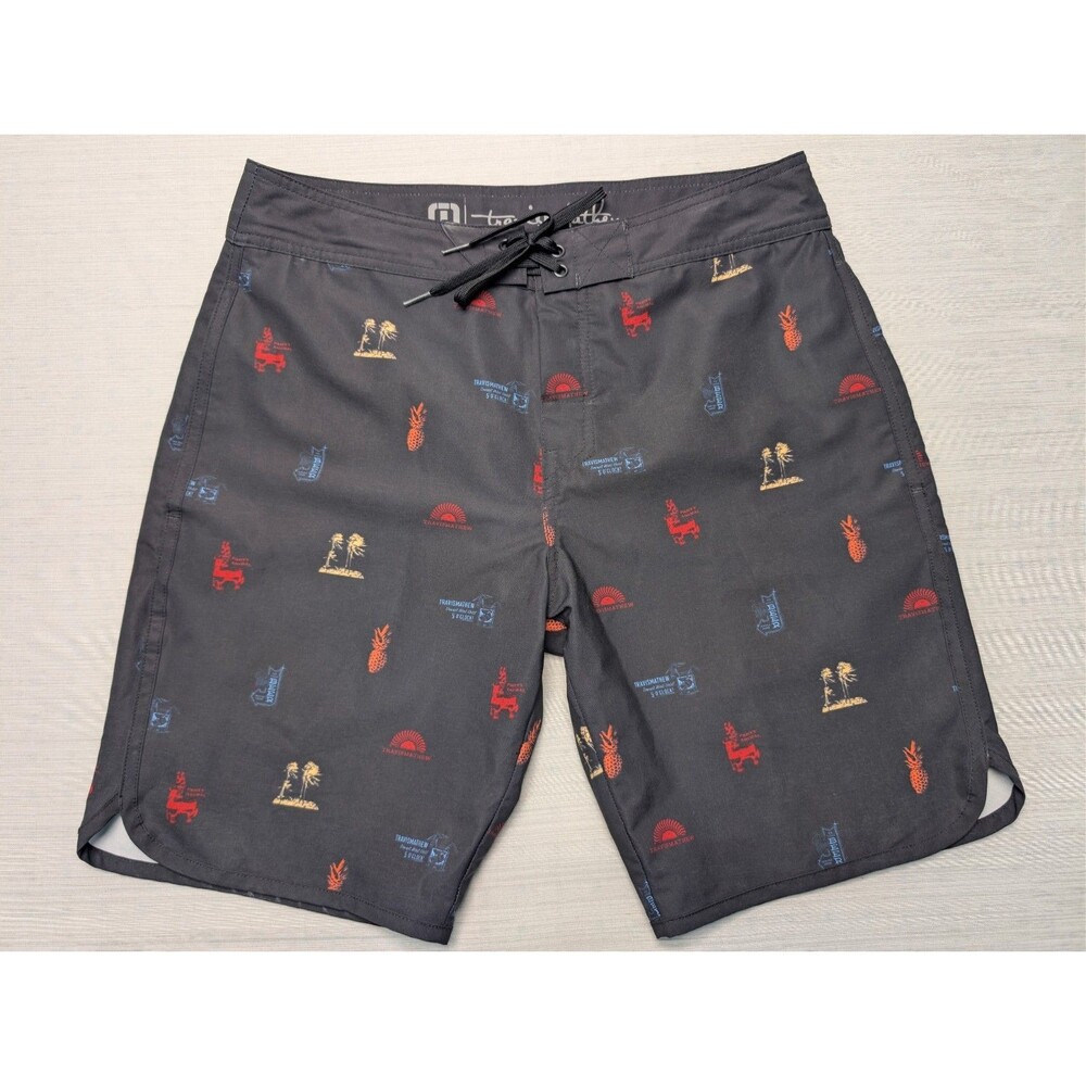 Travis Mathew Black Swim Trunks with Red, Blue & Yellow Motifs
